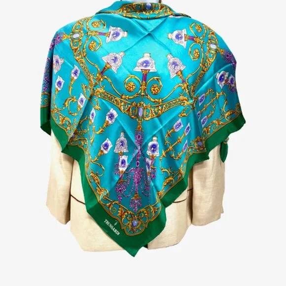 Unused TRUSSARDI 100% SILK Lg SCARF 34" Teal Green Gold Glass Purple (40 - Picture 6 of 13